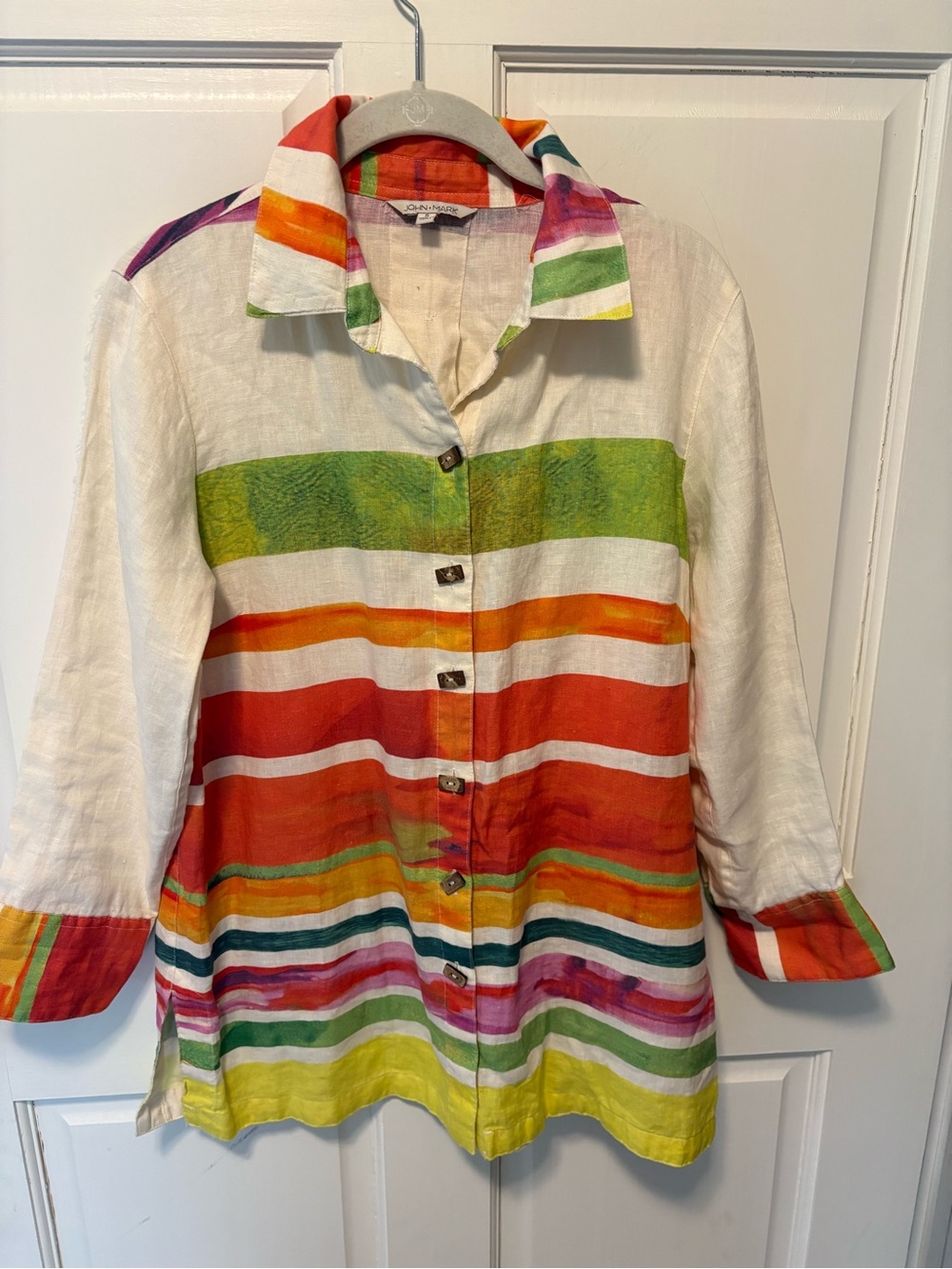 John Mark linen striped tunic blouse top button up coastal shirt women s small